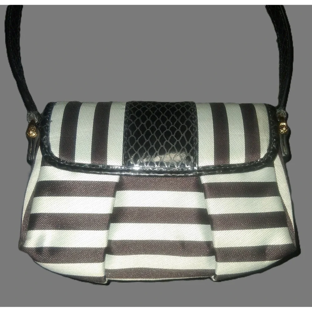 Henri Bendel Crossbody Bag Black and Gray Stripe Pink Lining Turn Lock Dust Bag - Picture 2 of 10